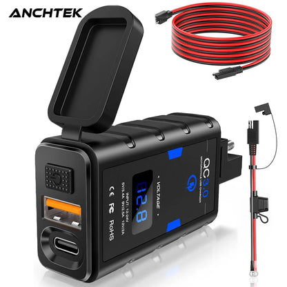 Anchtek 6.4A 12V Motorcycle USB Charger — QC3.0 + Type-C PD Fast Power Socket