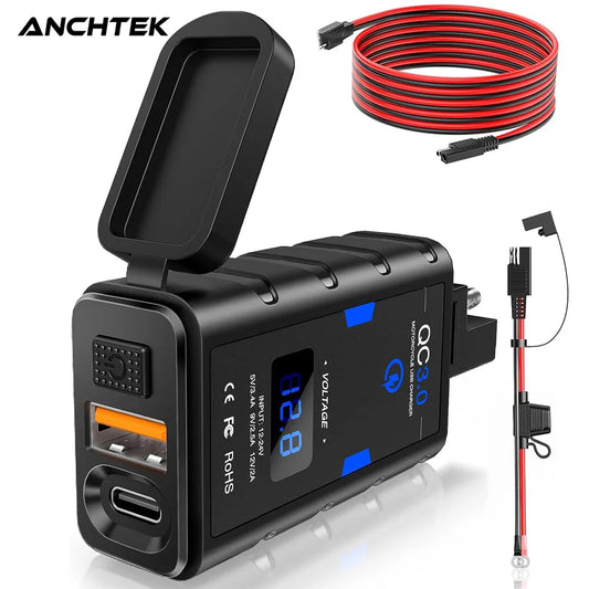 Anchtek 6.4A 12V Motorcycle USB Charger — QC3.0 + Type-C PD Fast Power Socket