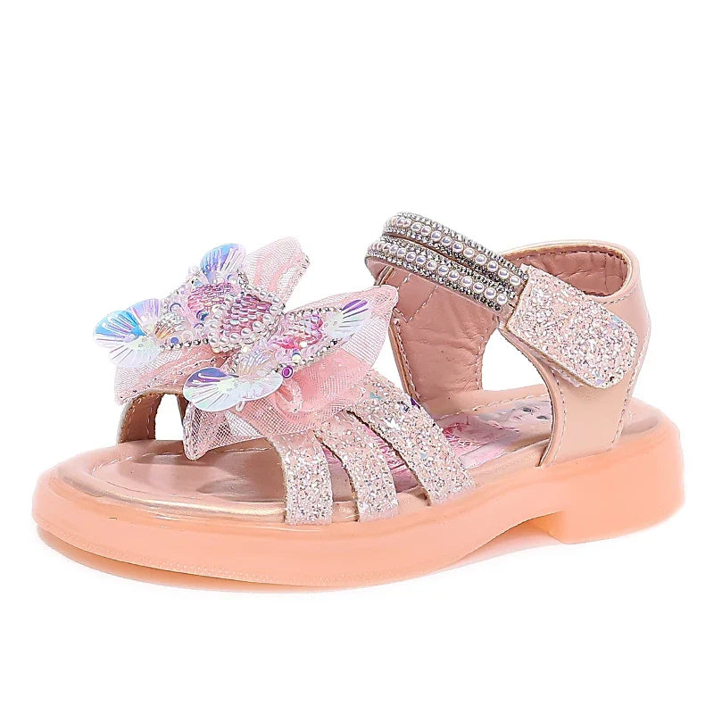 Girls' Rhinestone Bow Sandals - Sparkly Pearl Heart Summer Party Shoes