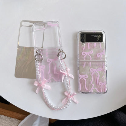 Pink Feathery Bow Folding Case with Chain for Samsung Galaxy Z Flip 3/4/5/6 – Cute Stylish Phone Cover