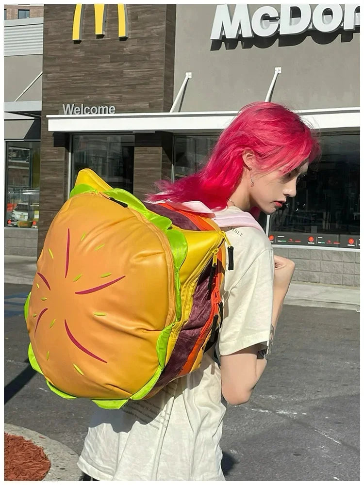 Stylish Hamburger PU Daypack Backpack – Casual Zipper Laptop Bag for Travel, Outdoor, and Unisex Use