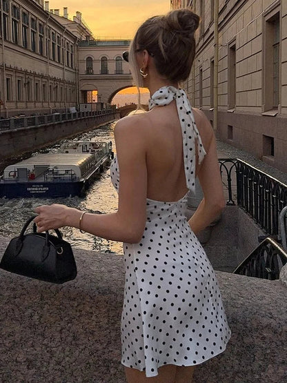 Women’s Polka Dot Off Shoulder Mini Dress – Backless Halter High Waist Y2K Summer Party Club Dress