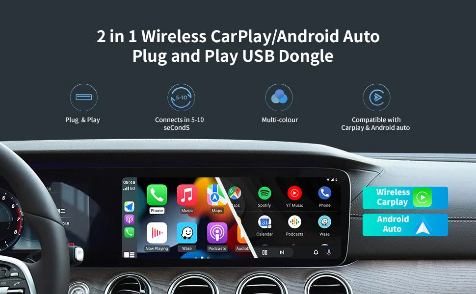 2025 360° Rotatable Wireless CarPlay & Android Auto Adapter — Mini Box, Plug & Play with Fast WiFi Connection