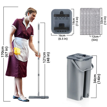 Hands-Free Flat Floor Mop & Bucket Set — Professional Home Cleaning System with Washable Microfiber Pads for Hardwood Floors