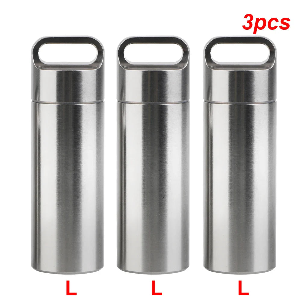 Stainless Steel Mini Pill Storage Box — S/M/L Waterproof Medicine Case with Keychain Seal Rings, Portable First Aid & Camping Pendant