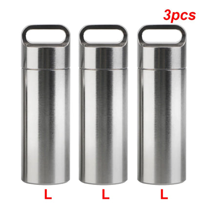 Stainless Steel Mini Pill Storage Box — S/M/L Waterproof Medicine Case with Keychain Seal Rings, Portable First Aid & Camping Pendant