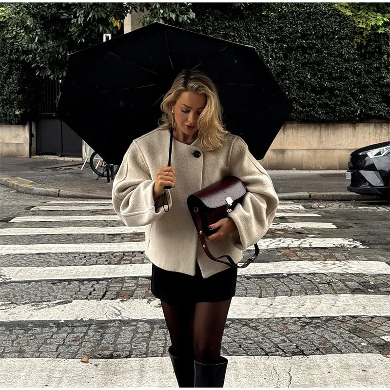 2024 Women's Elegant Solid Wool Blend Cardigan Coat – Round Neck, Single Button, Long Sleeve High Street Outwear