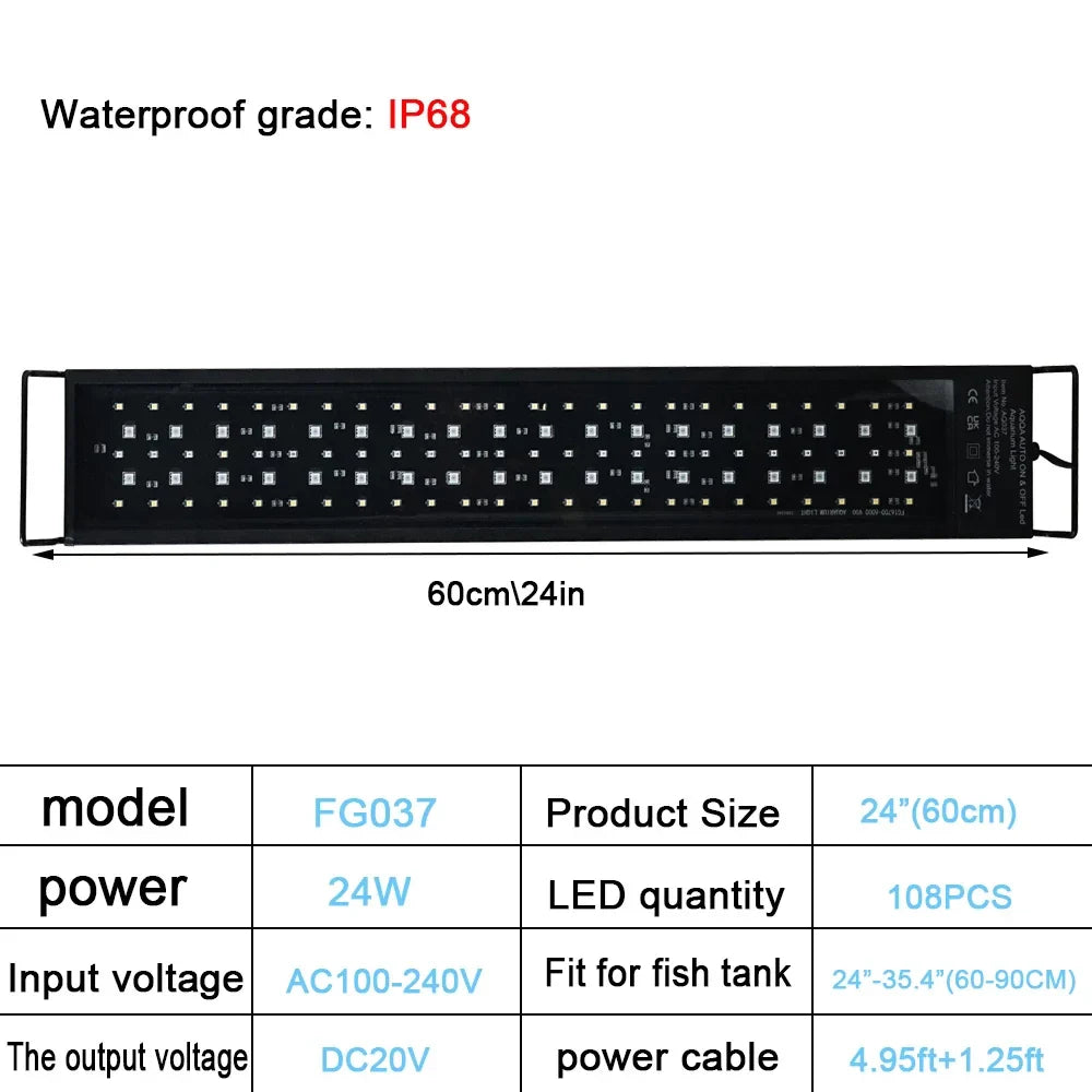 24/7 Full Spectrum LED Aquarium Light – 30-60cm Fish Tank Decoration & Aquatic Plant Growth Lamp, IP68 Waterproof (100V-240V)