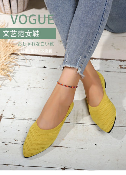 Women’s Solid Color Pointed Toe Knitted Slip-On Flats – Casual Breathable Ballet Loafers