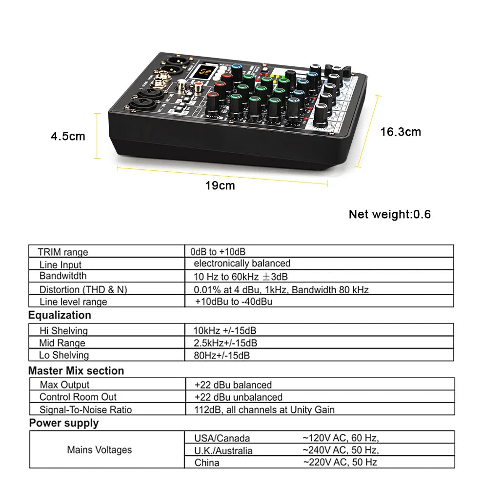 TKL 4-Channel DSP Audio Mixer with 48V Phantom Power, USB, Bluetooth DJ Console for Karaoke Studio Mixing