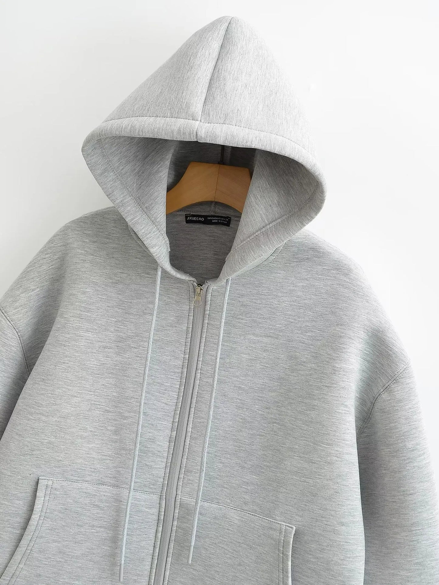 TRAFZA Autumn Women's Gray Jacket – Hooded, Long Sleeve, Zipper Coat with Big Pockets, Loose Casual Outerwear Tops