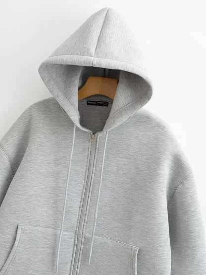 TRAFZA Autumn Women's Gray Jacket – Hooded, Long Sleeve, Zipper Coat with Big Pockets, Loose Casual Outerwear Tops