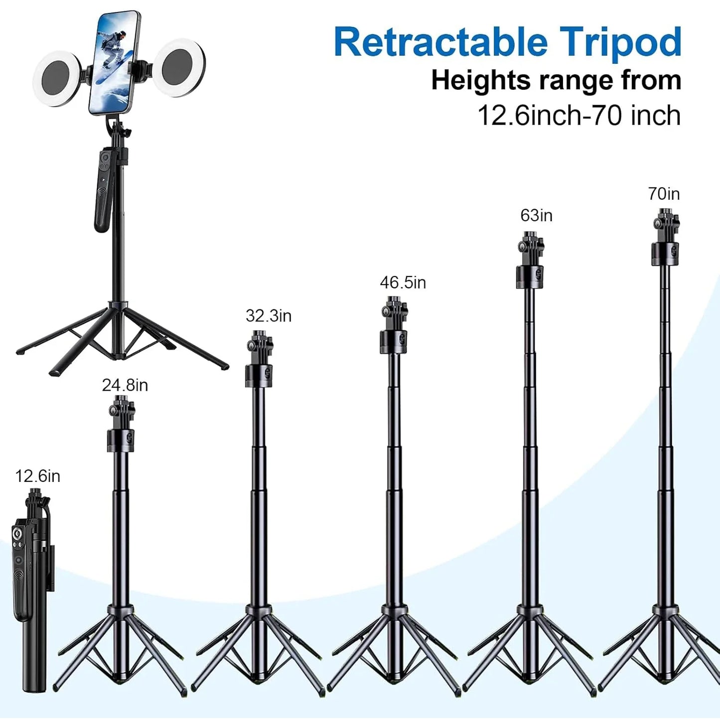 Extendable 70.8" Auto Face Tracking Tripod – 360° Rotating Phone Stand with Light & Motion Sensor for Vlog & Live Streaming