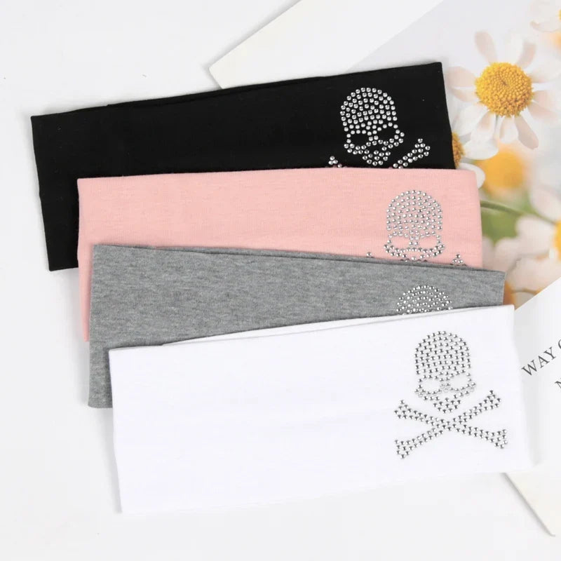 Skull Rhinestone Hairband - Retro Punk Wide-Edge Sports Headband with Elastic Anti-Sweat Design