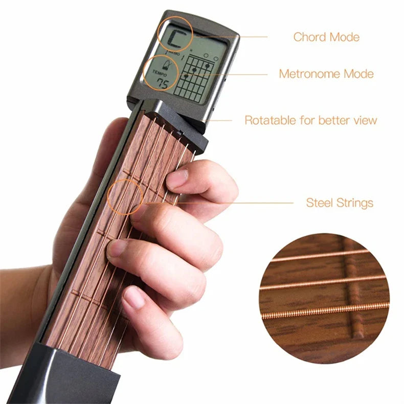 Pocket Guitar Chord Practice Tool - Portable Neck Trainer with Rotatable Chords Chart Screen for Beginners