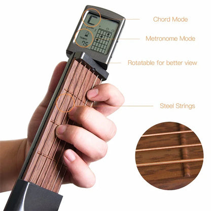 Pocket Guitar Chord Practice Tool - Portable Neck Trainer with Rotatable Chords Chart Screen for Beginners
