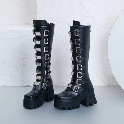 Women’s Gothic Boots – Cosplay High Heel Platform Wedges, Buckle Strap Long Tube Leather Boots, Plus Size Options