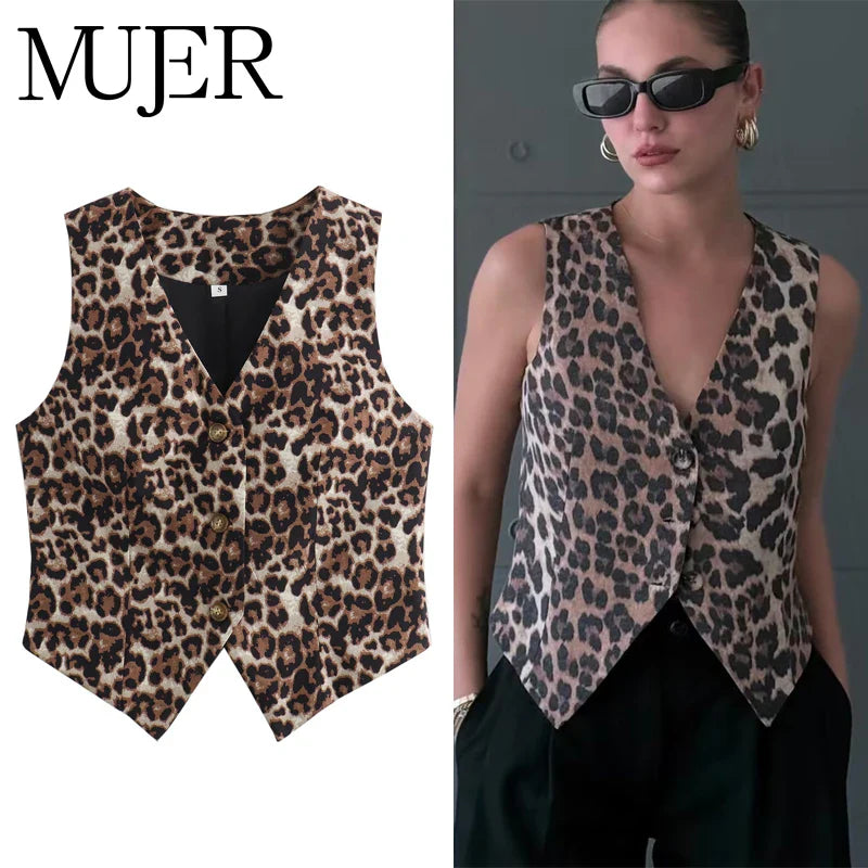 Women’s Leopard Print Cropped Vest – Sleeveless Waistcoat, Fashion Streetwear Short Jacket