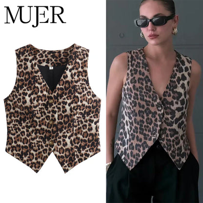Women’s Leopard Print Cropped Vest – Sleeveless Waistcoat, Fashion Streetwear Short Jacket