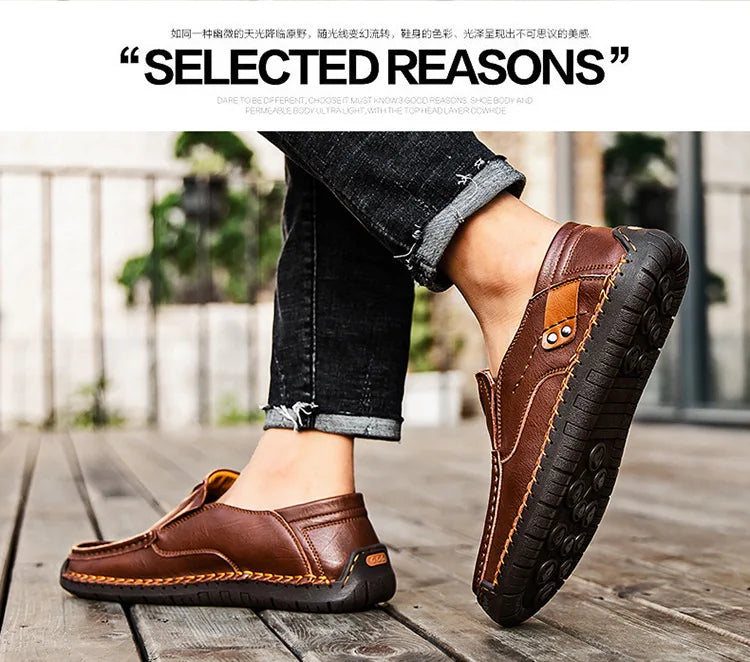 Handmade Leather Men’s Loafers – Casual Slip-On Flats, Comfortable Outdoor Walking Shoes