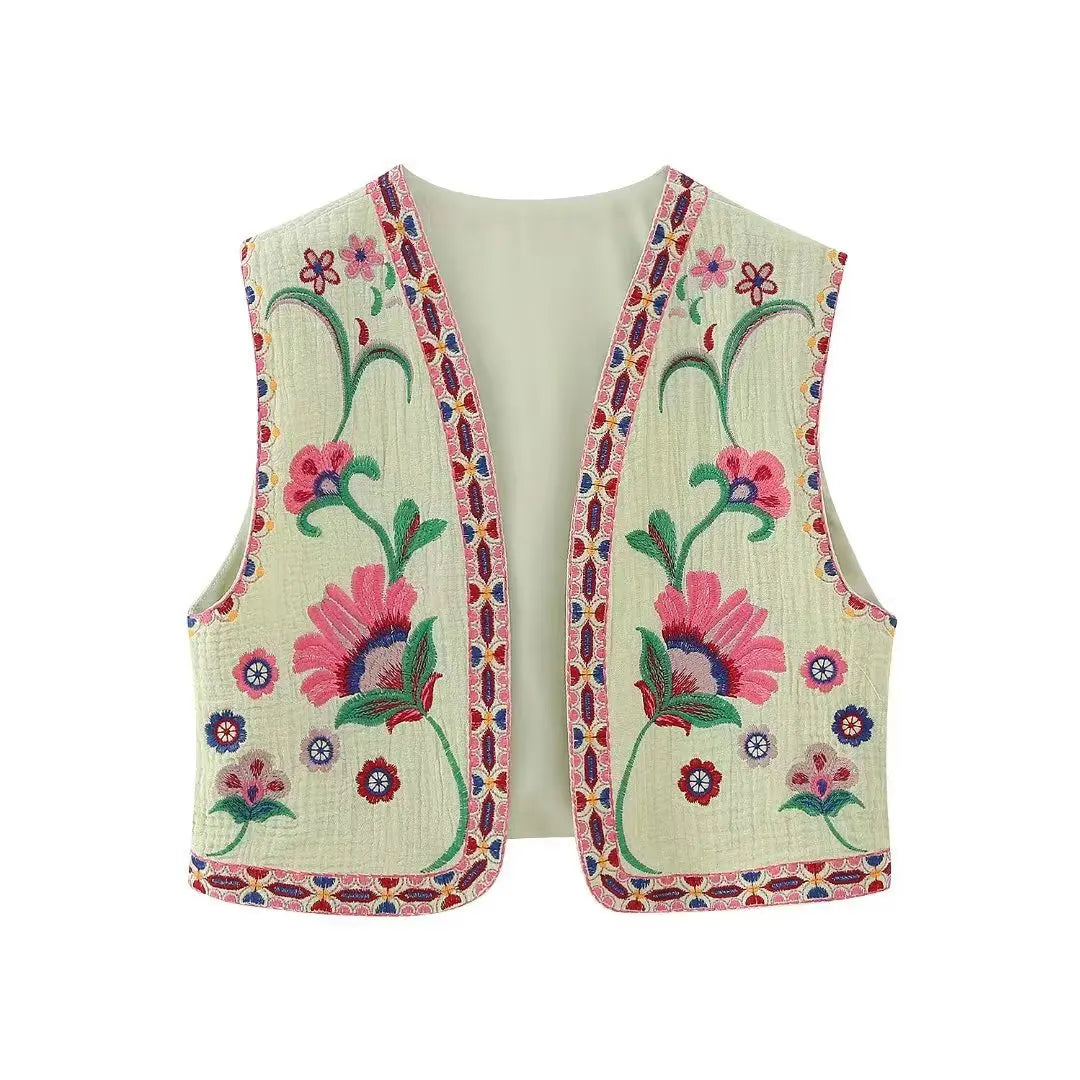 KEYANKETIAN Women's Vintage Floral Embroidered Open Waistcoat – National Style Vest Jacket, Casual Vacation Crop Top