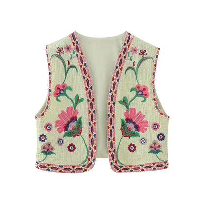 KEYANKETIAN Women's Vintage Floral Embroidered Open Waistcoat – National Style Vest Jacket, Casual Vacation Crop Top