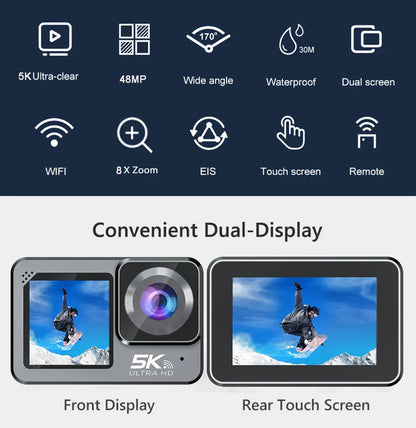 F6W Action Camera — 5K/4K60FPS, 48MP, 2.2" Touch LCD, EIS, Dual Screen, Wi-Fi, 170° Waterproof 30M, 8X Zoom Sports Camera with Wireless Mic