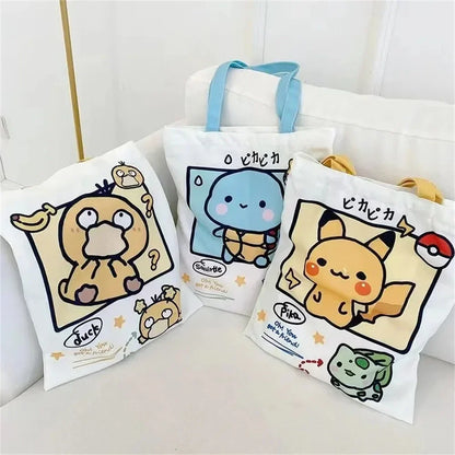 Anime Pokémon Canvas Shoulder Bag – Pikachu, Psyduck, Squirtle Casual Handbag for Women, Reusable Large Shopping Tote