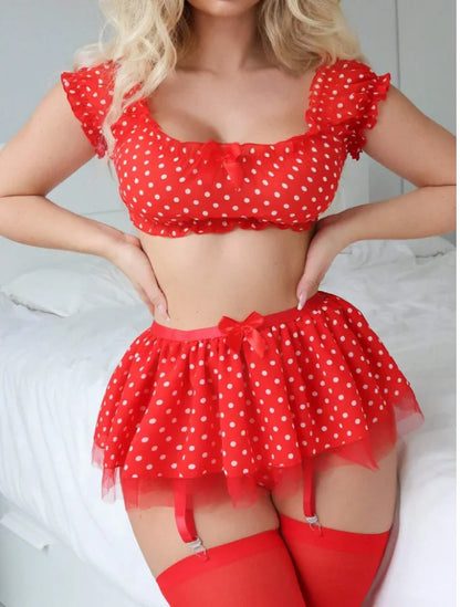 Women’s Polka Dot Tutu Lingerie Set — Sexy Off-the-Shoulder Two-Piece Fashionable Sleepwear