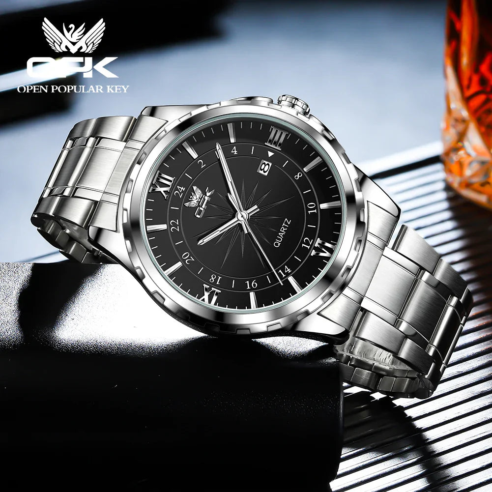 OPK Men's Quartz Watch — Steel Belt Dual Calendar Wristwatch Model 6003