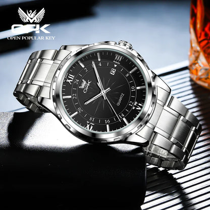 OPK Men's Quartz Watch — Steel Belt Dual Calendar Wristwatch Model 6003