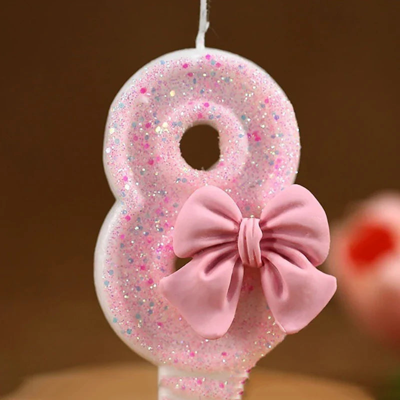 Glitter Pink 3D Number Cake Candles with Bow - Digital Cake Toppers for Birthday & Memorial Day Celebrations