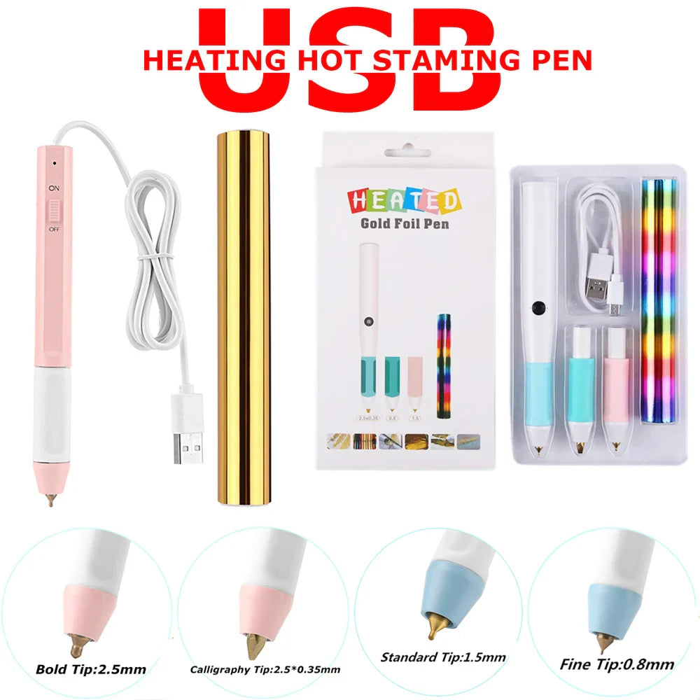 USB Hot Foil Pen with 0.8/1.5/2.5mm Tips – Slim Heat-Resistant Grip for DIY Calligraphy on Paper & Leather