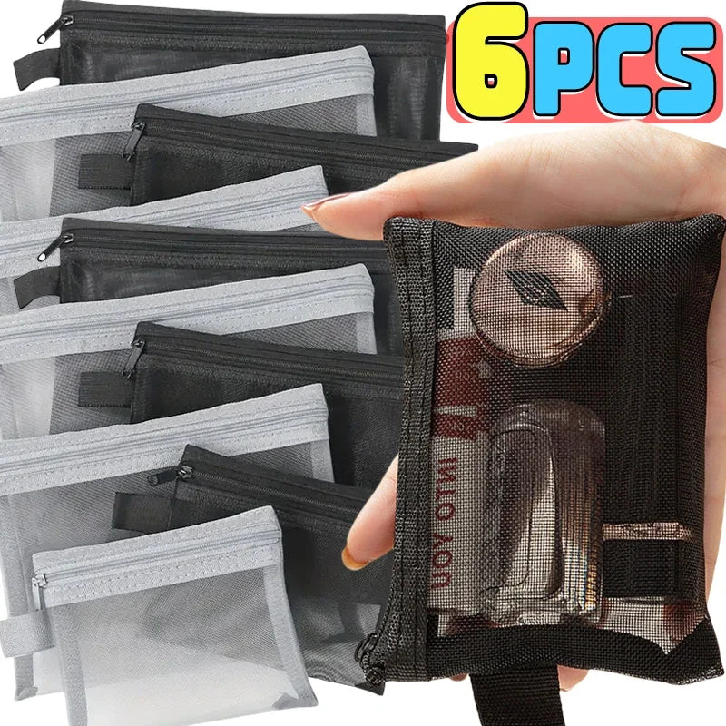 1/3PCS Black Mesh Clear Cosmetic Bag Set Portable Travel Makeup Toiletry Organizer Pouch Storage Case