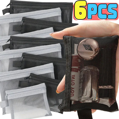 1/3PCS Black Mesh Clear Cosmetic Bag Set Portable Travel Makeup Toiletry Organizer Pouch Storage Case