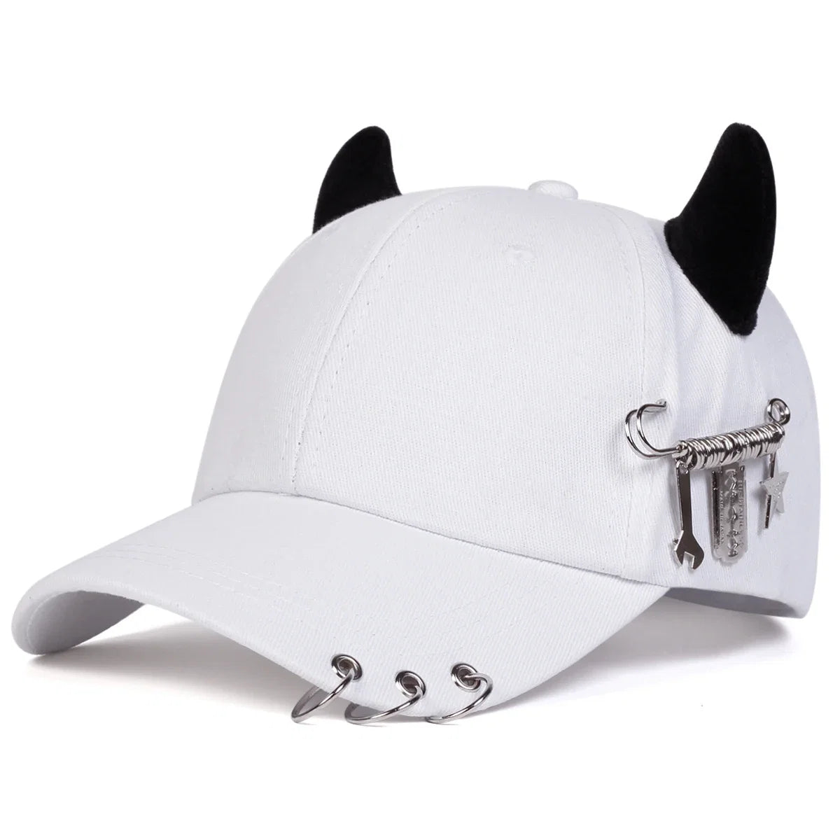 Unisex Cow Horn Baseball Cap - Personality Iron Ring Design, Adjustable Casual Outdoor Sun Hat for Spring & Autumn