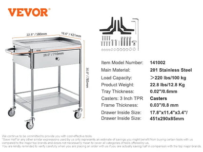 VEVOR Stainless Steel Lab Utility Cart – 1/2/3 Tier Medical & Kitchen Cart with Lockable Wheels