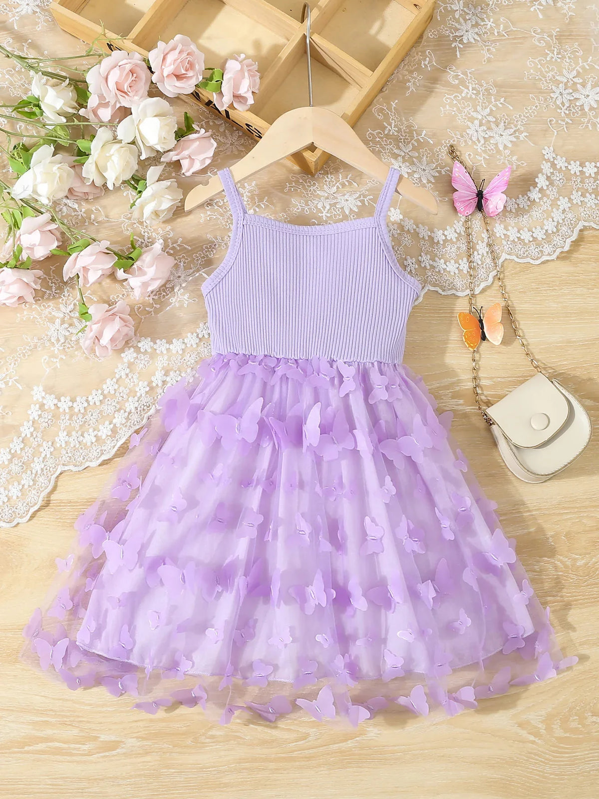 Toddler Girls Butterfly Mesh Cami Dress - Elegant Sleeveless Princess Dress for Summer