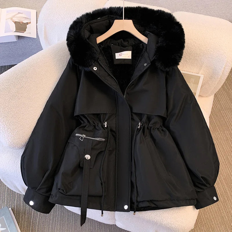 Fleece-Lined Hooded Down Jacket for Women – Warm Padded Parka, Casual Korean Streetwear Winter Coat