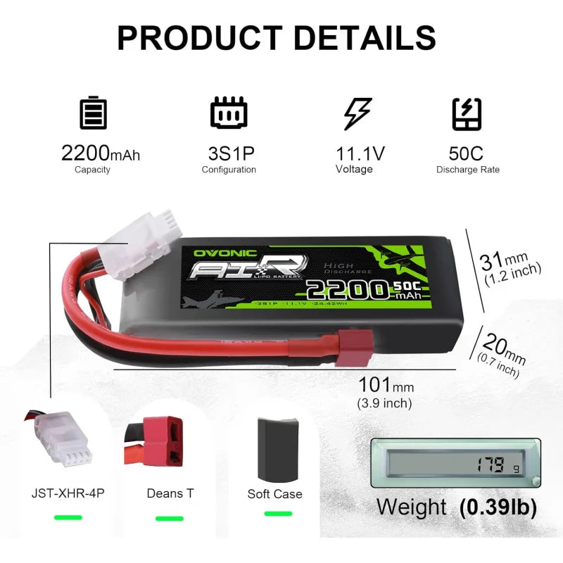 OVONIC 3S 2200mAh 11.1V LiPo Battery — 50C RC Battery with Dean Connector for Airplane, Quadcopter, Helicopter, and FPV Drone