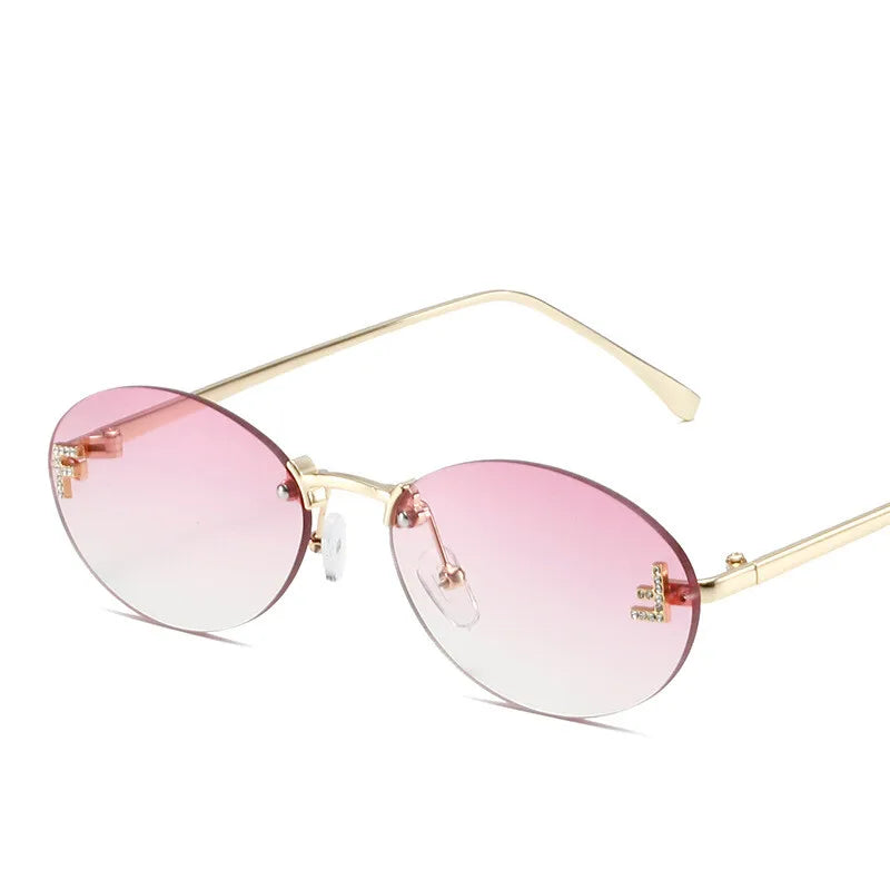 Diamond Letter "F" Rimless Sunglasses | Women’s Luxury Metal Frame Black Oval UV400 Shades