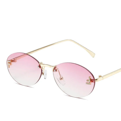 Diamond Letter "F" Rimless Sunglasses | Women’s Luxury Metal Frame Black Oval UV400 Shades