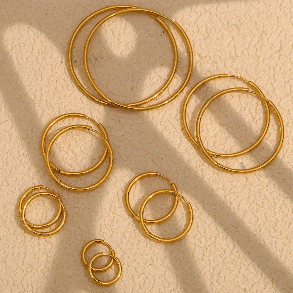 E.B.belle Minimalist Stainless Steel Hoop Earrings — 14K Gold-Plated Small, Medium & Large Loops for Women