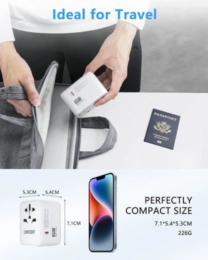 LENCENT 65W/100W GaN Fast Charging International Travel Adapter - 2 USB and 3 Type-C Ports, Includes EU, AU, US, UK Plugs