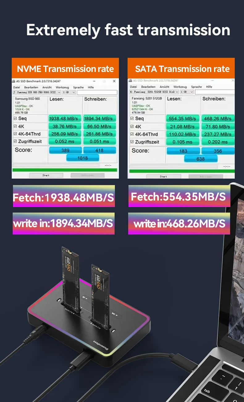 Blueendless M.2 SSD Dual Protocol Docking Station – 2-Bay PCIe NVMe Enclosure with Type-C, 10Gbps, RGB Light