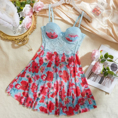 Floral Lace Babydoll Nightgown - Romantic Print Sleepwear with Summer Lingerie Style