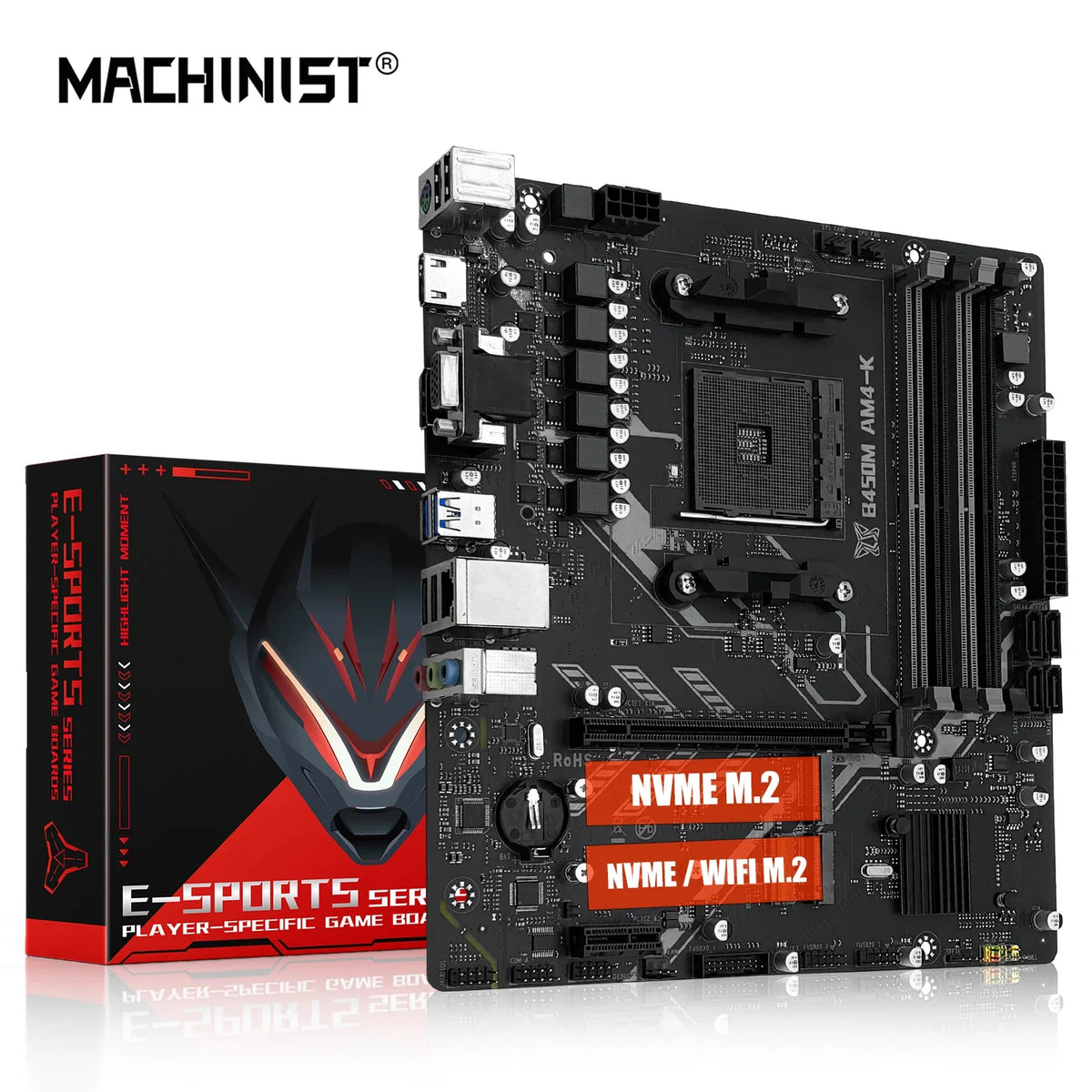 MACHINIST B450M-AM4-K Motherboard – AM4 Ryzen Support, DDR4 RAM, Dual NVMe M.2, HDMI/VGA/DP Interface Gaming PC Board