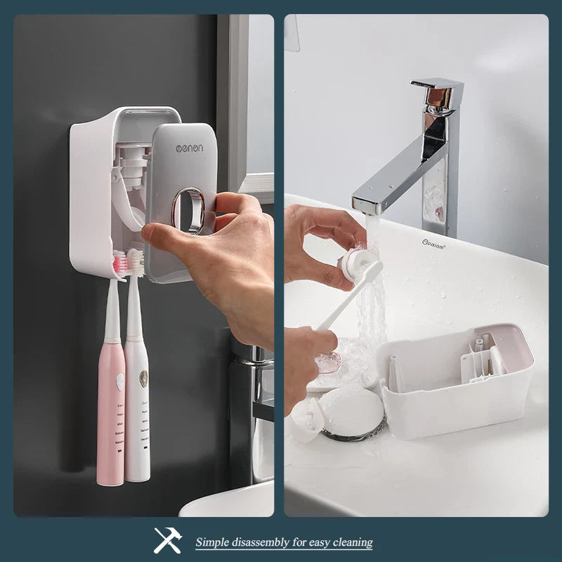 MENGNI Automatic Toothpaste Dispenser: Wall-Mounted Squeezer with Toothbrush Holder - Bathroom Accessories Set