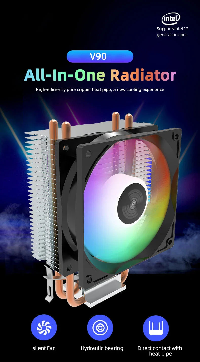 TEUCER CPU Cooler — 2-4 Heat Pipe Radiator with 3-Pin PWM Silent RGB Fan for Intel LGA 1700/1150/1155/1156/1366 & AMD AM2/AM3/AM4