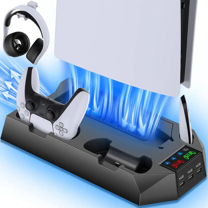 PS5 Console Cooling Station with Dual Controller Charger — Compatible with PS5, PS4, Slim & Pro | Built-in Fan & Charging Dock